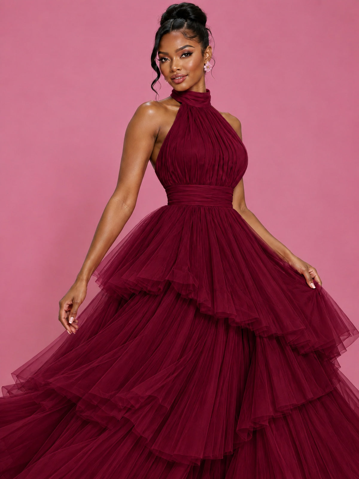 Hot Pink Tulle Halter Neck Tiered Ruffle Maxi Dress