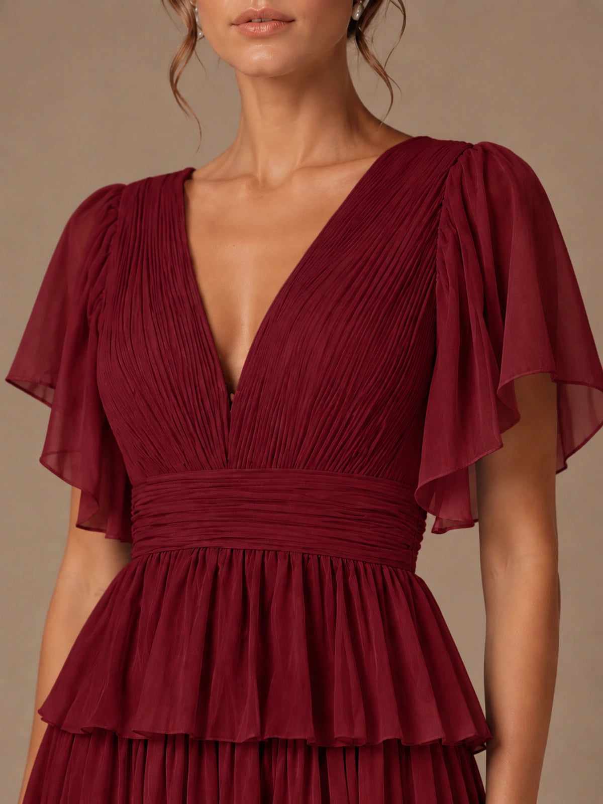 Chiffon V-Neck Tiered Ruffle Bridesmaid Dress with Slit