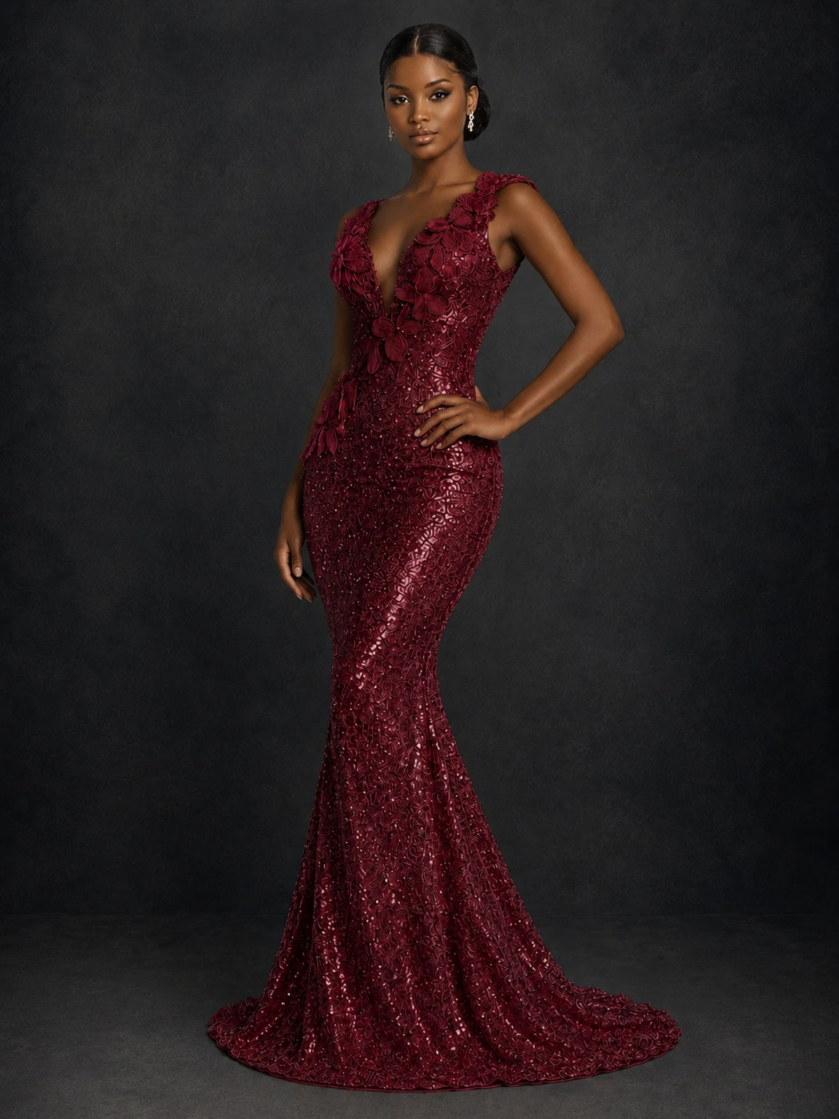 Gold Sequin Floral Applique Mermaid Prom Dress