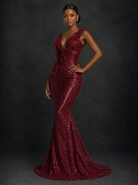 Gold Sequin Floral Applique Mermaid Prom Dress