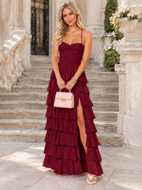 Ruffled Tiered Chiffon Prom Dress Spaghetti Straps Formal Maxi Dress with Slit