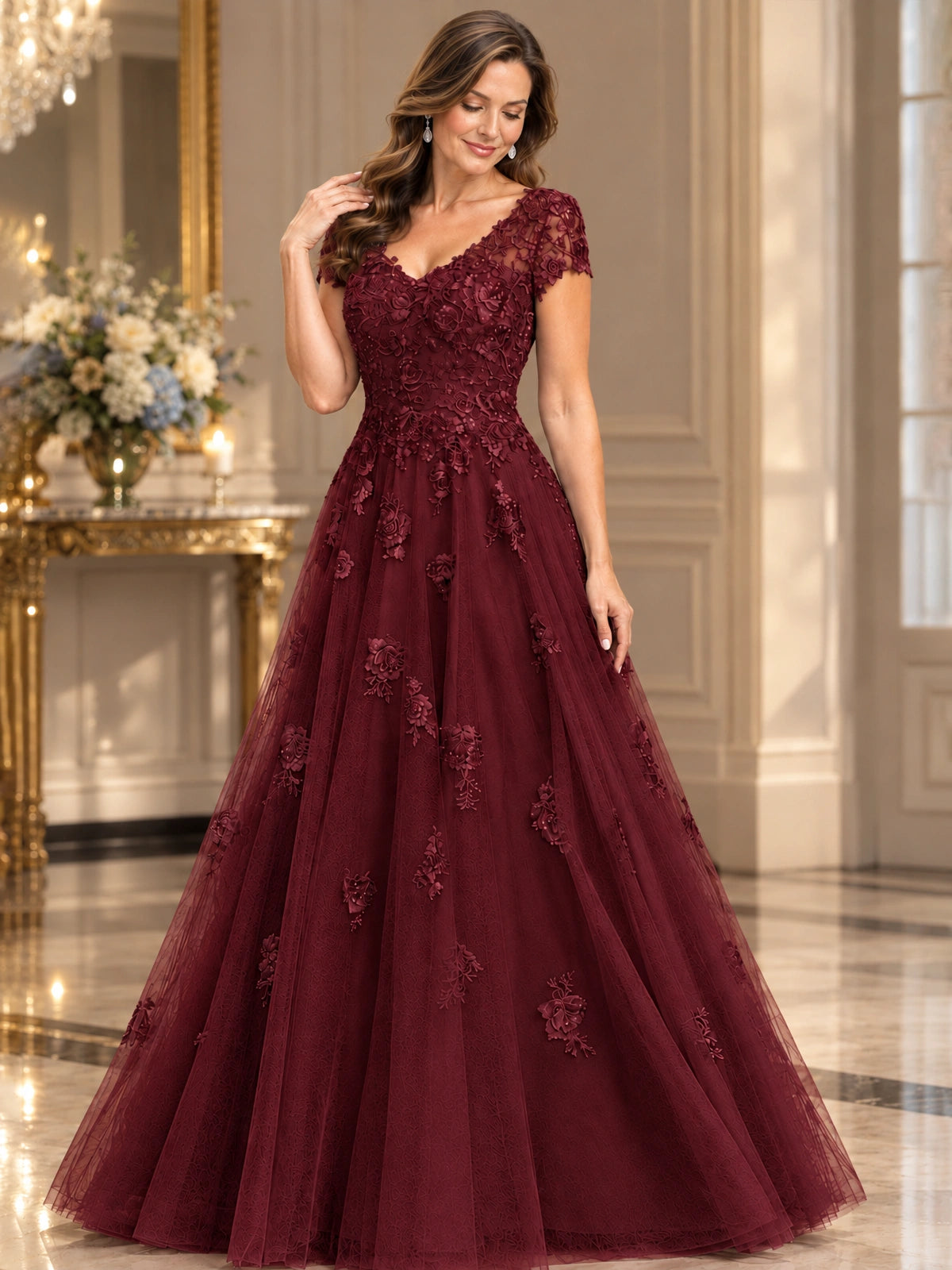 Lace Appliques A-line Mother of The Bride Dresses with Short Sleeves