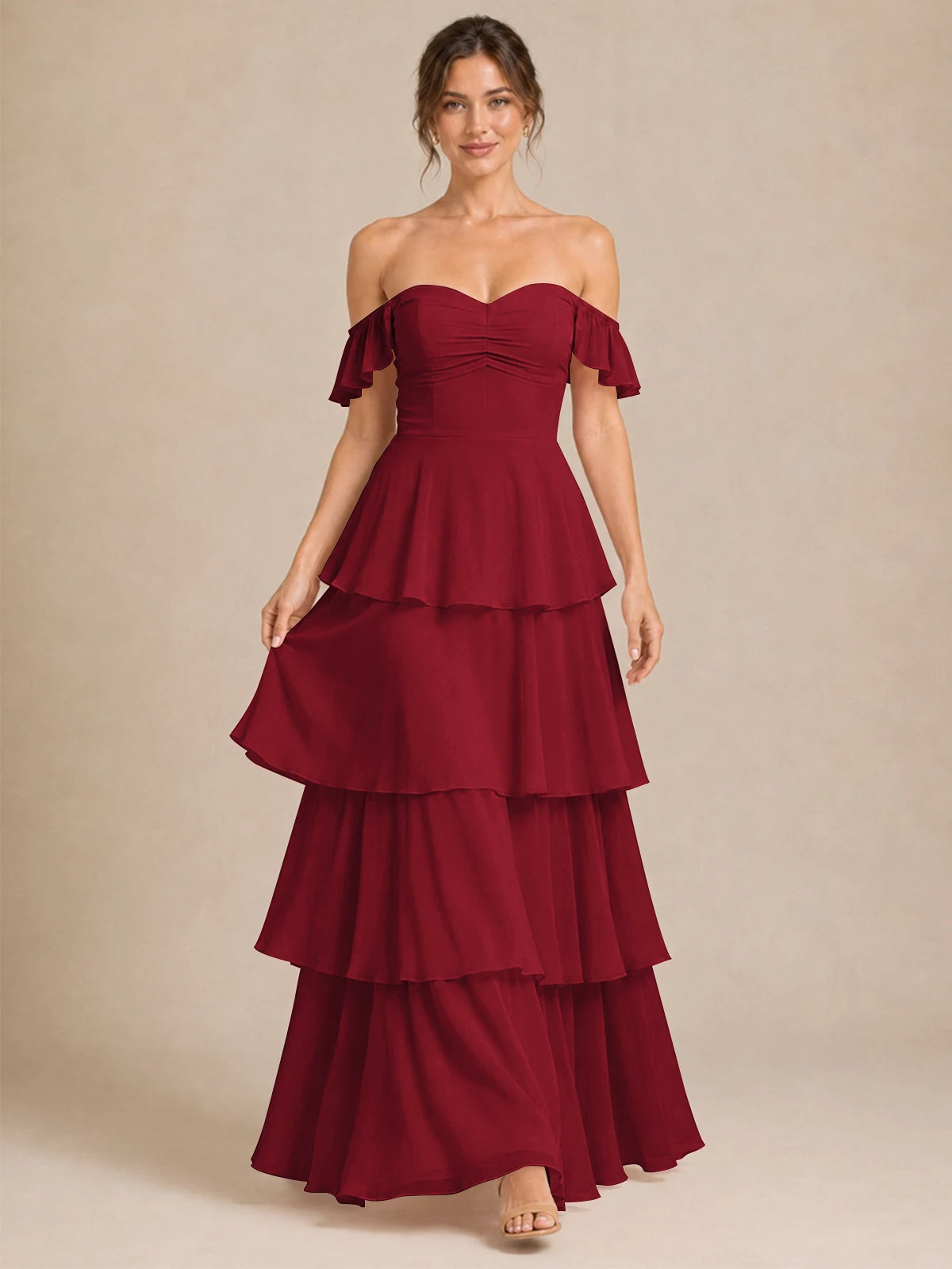 Off Shoulder Tiered Chiffon A-Line Bridesmaid Dress