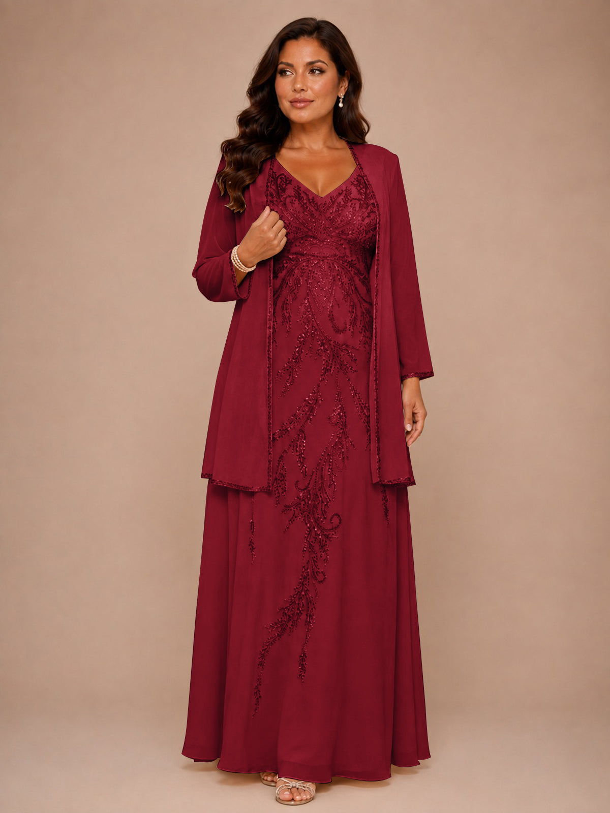 Champagne Beaded Chiffon Mother of the Bride Dress with Jacket V-Neck Gown