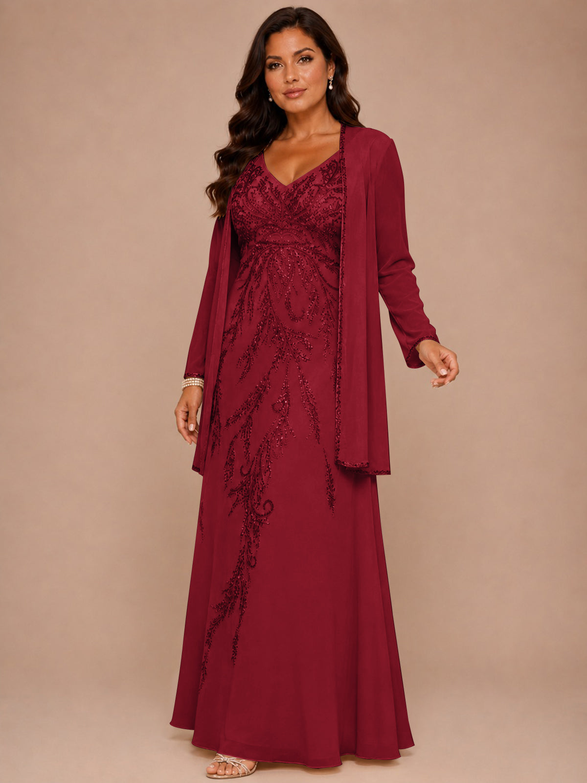 Champagne Beaded Chiffon Mother of the Bride Dress with Jacket V-Neck Gown