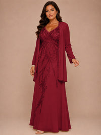 Champagne Beaded Chiffon Mother of the Bride Dress with Jacket V-Neck Gown