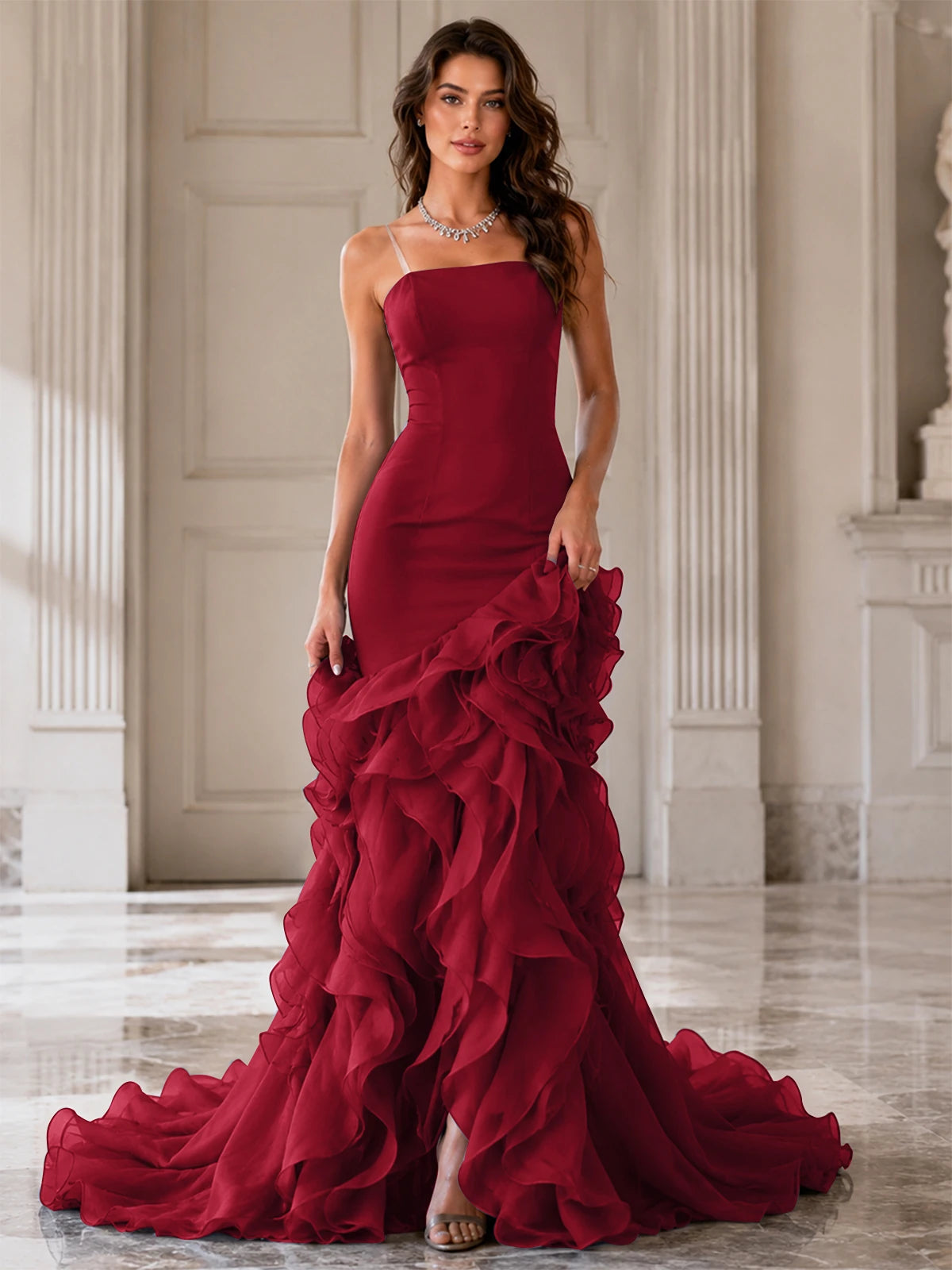 Mermaid Formal Evening Dress with Layered Ruffle Train