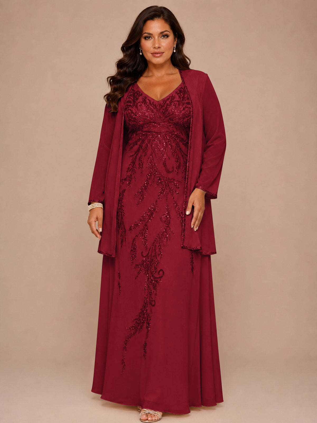 Champagne Beaded Chiffon Mother of the Bride Dress with Jacket V-Neck Gown