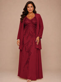 Champagne Beaded Chiffon Mother of the Bride Dress with Jacket V-Neck Gown