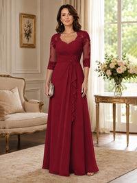 Chiffon Lace Applique Mother of the Bride Dress with 3/4 Sleeves