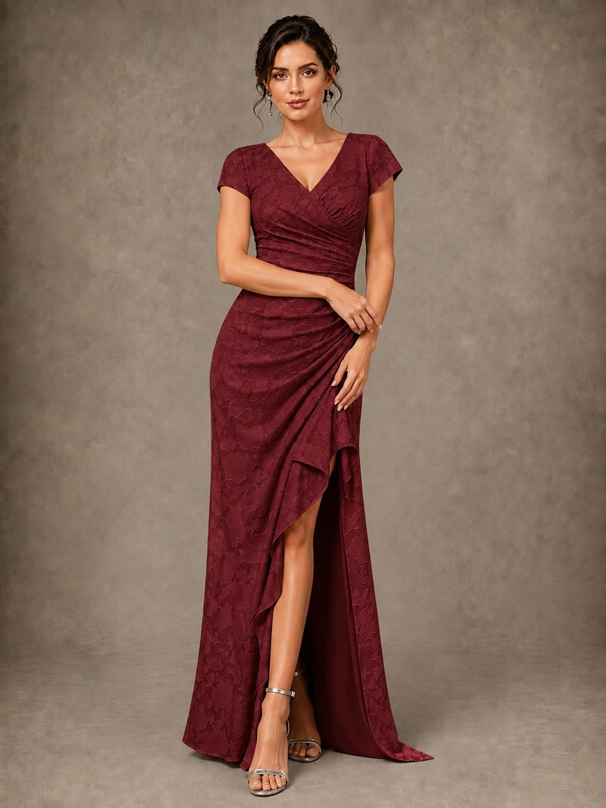 V-Neck Floral Jacquard Mother of the Bride Dress with Slit