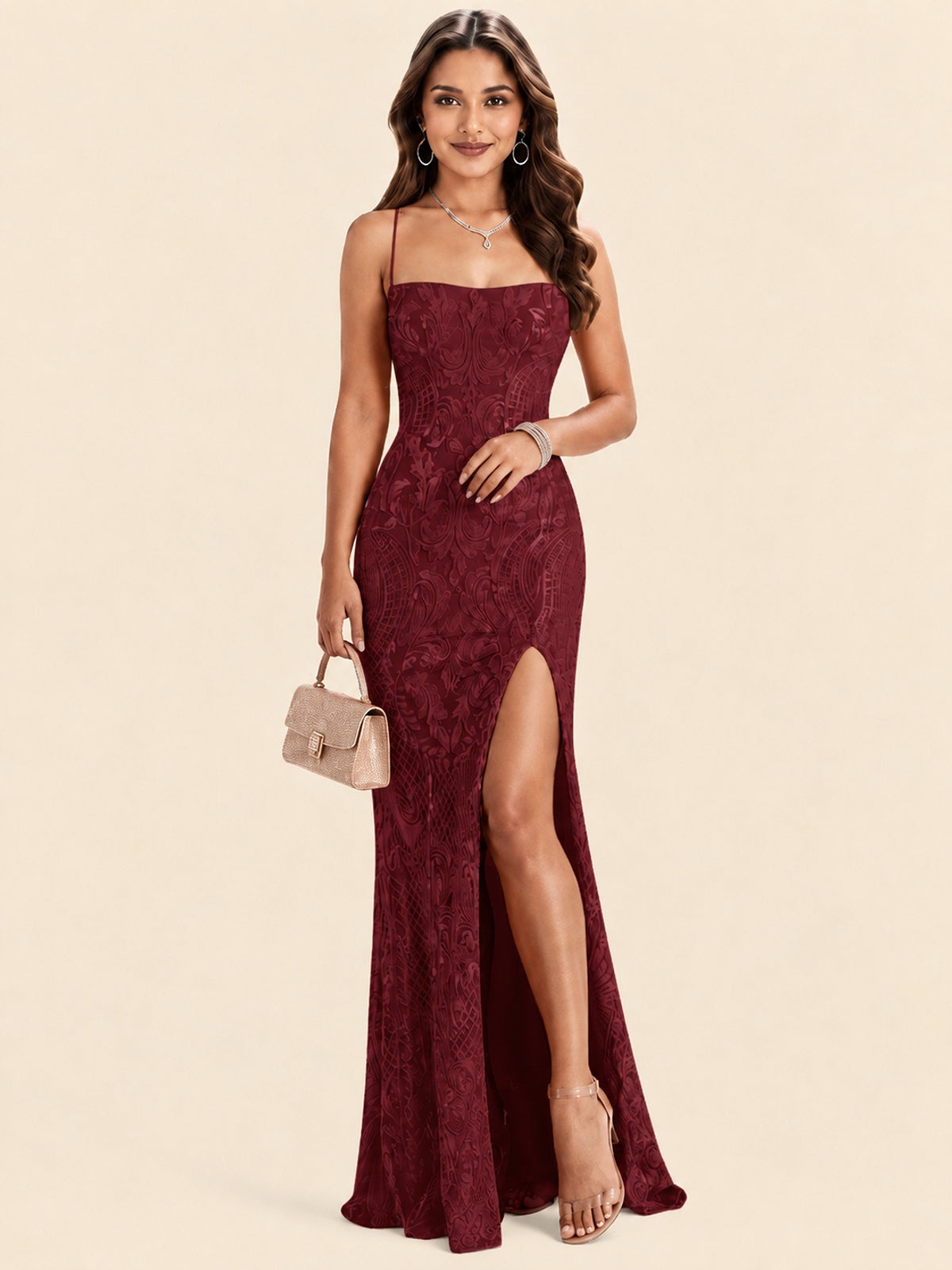 Sequin Lace Appliques Mermaid Prom Dress Spaghetti Strap Formal Gowns with Slit