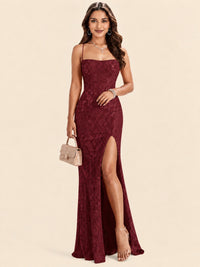 Sequin Lace Appliques Mermaid Prom Dress Spaghetti Strap Formal Gowns with Slit