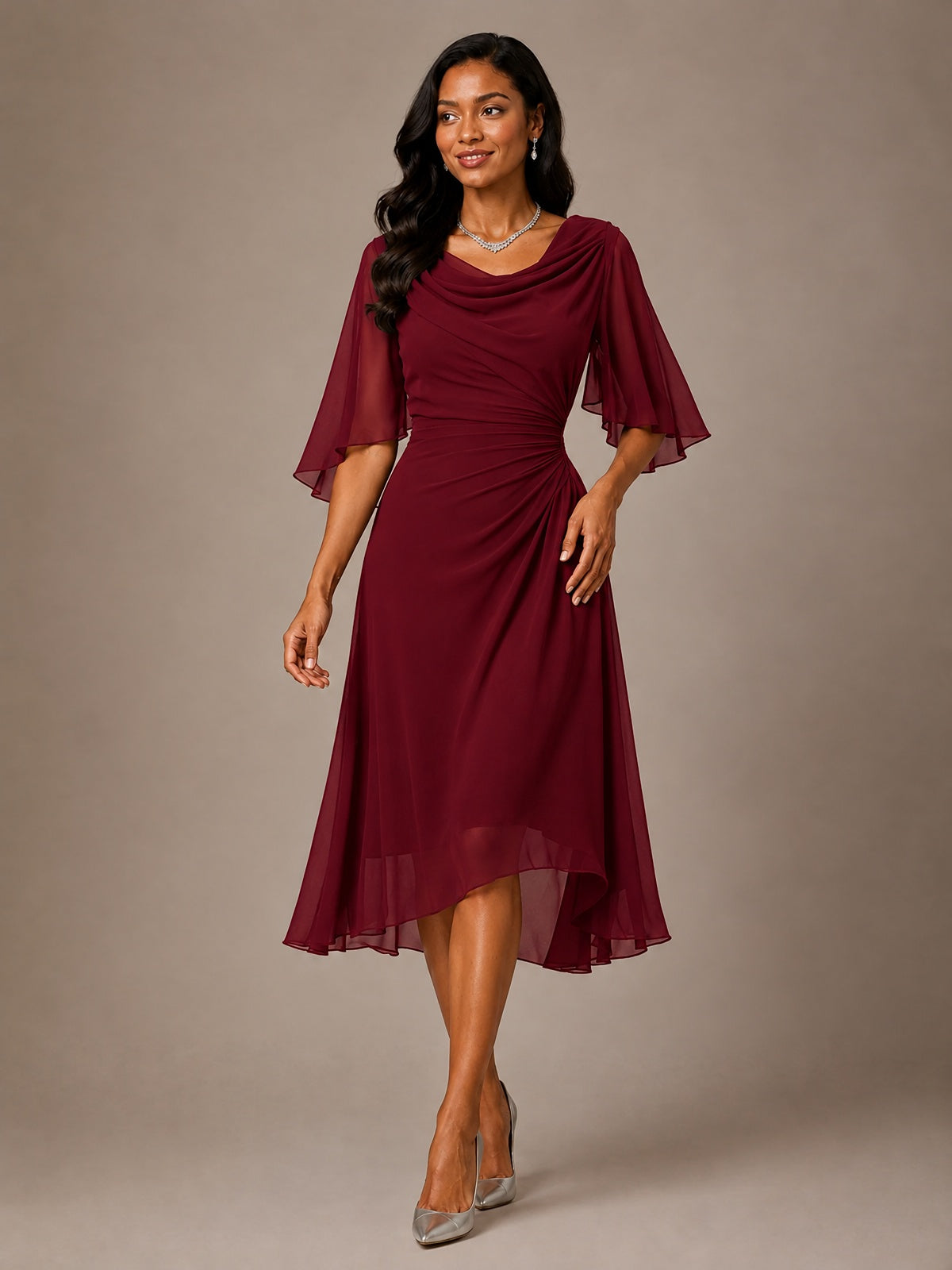 Cowl Neck Ruched Chiffon Mother of the Bride Dresses with Flutter Sleeves