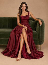 Cowl Neck Pleated Satin Prom Dress with Pockets & Slit Maxi Formal Gowns