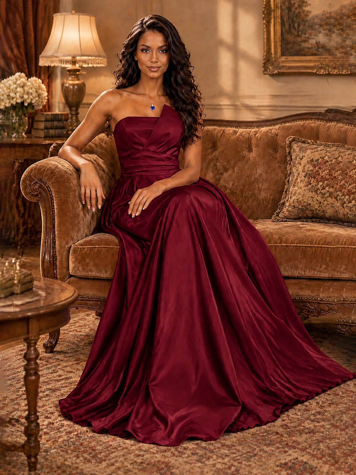 Draped Satin Prom Dress Strapless A-line Formal Dress Floor Length