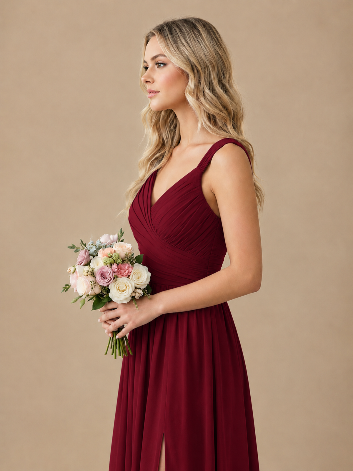 Pleated Chiffon V Neck Wedding Bridesmaid Dresses Floor Length with Slit