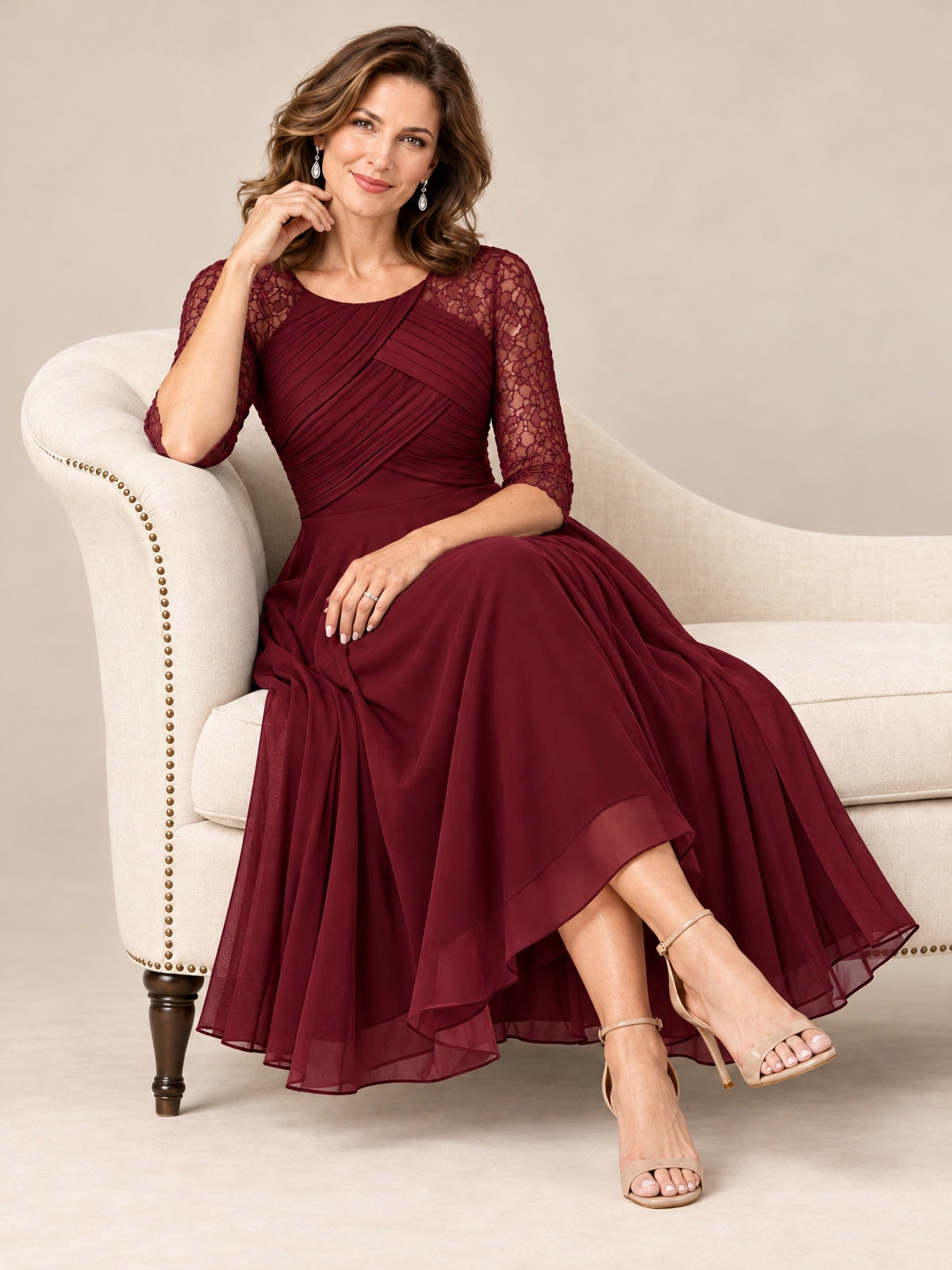 Tea-Length Mother of the Bride Dress with Lace 3/4 Sleeves