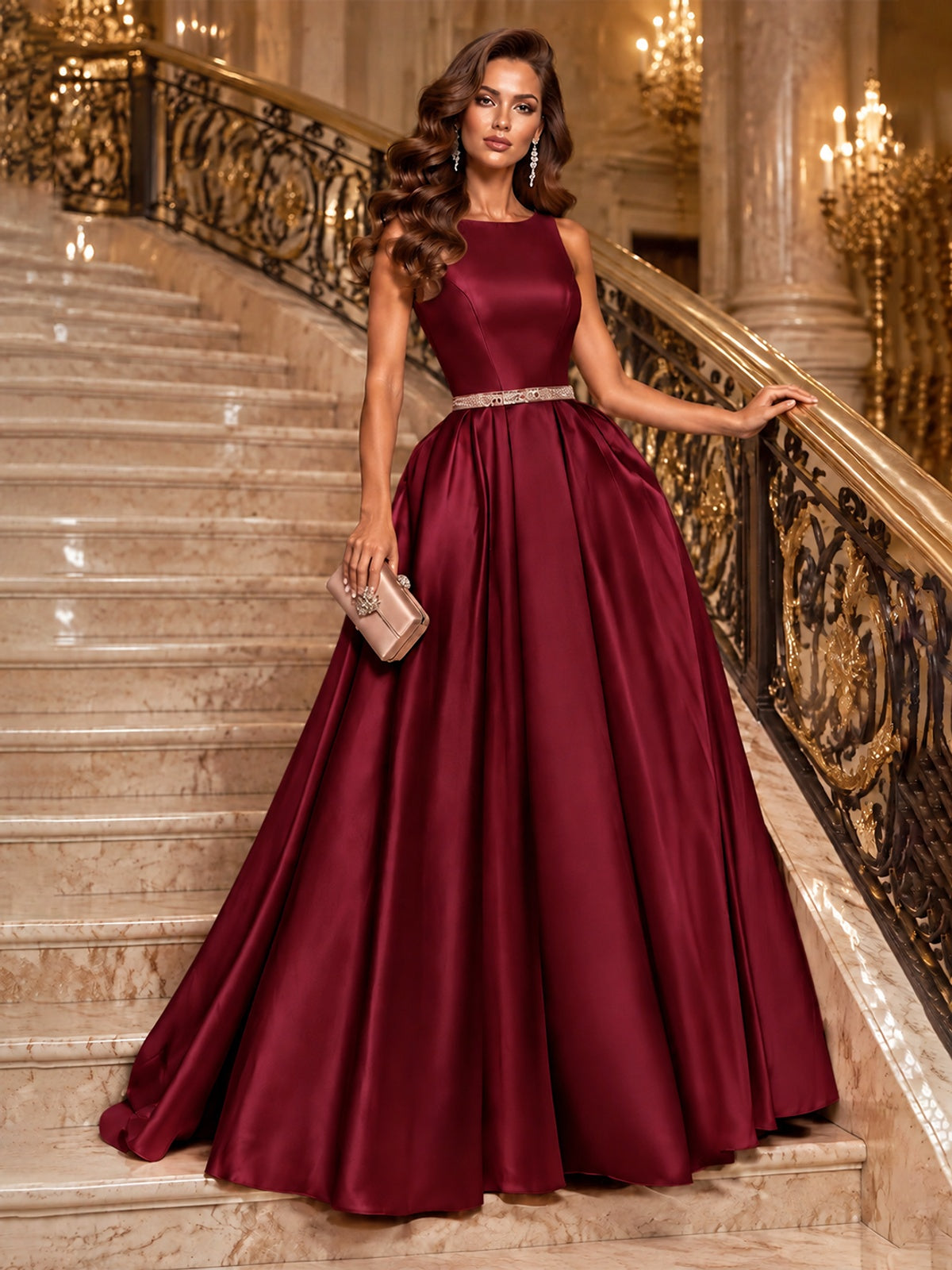 Satin A-Line Prom Dress Sleeveless Beaded Waist Formal Gown with Pockets