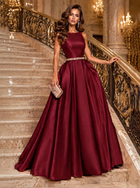 Satin A-Line Prom Dress Sleeveless Beaded Waist Formal Gown with Pockets