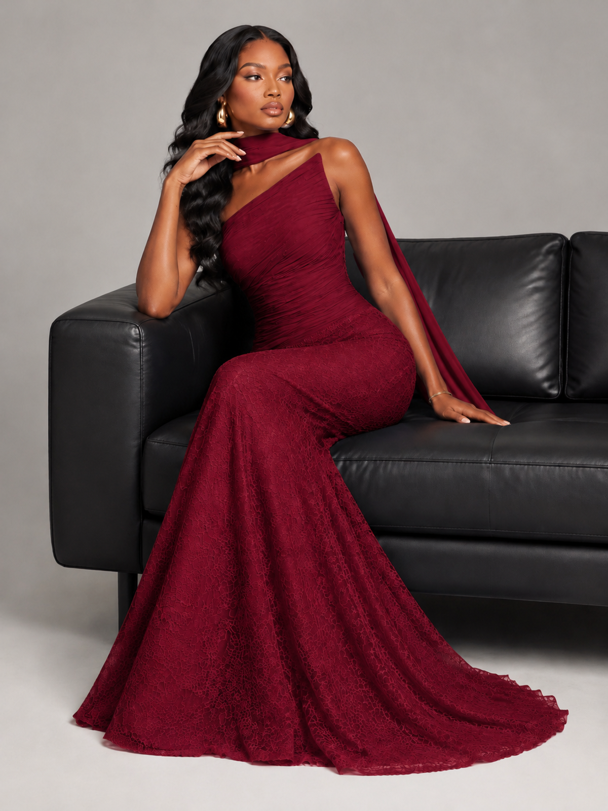 Pleated Chiffon Lace Prom Dresses Long Bodycon Mermaid with Scarf