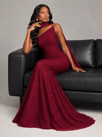 Pleated Chiffon Lace Prom Dresses Long Bodycon Mermaid with Scarf