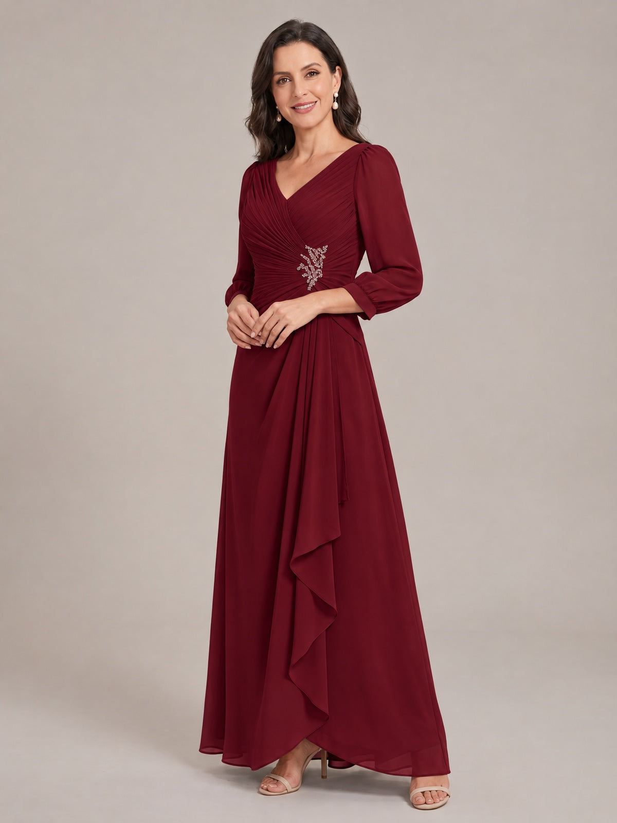 V-Neck Pleated Chiffon Mother of the Bride Dress with Flutter Sleeves