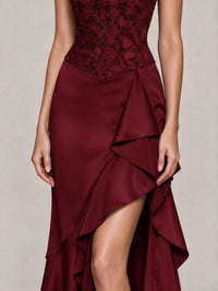 Strapless Lace Appliques Corset Satin Prom Dress Ruffle Slit Evening Gown