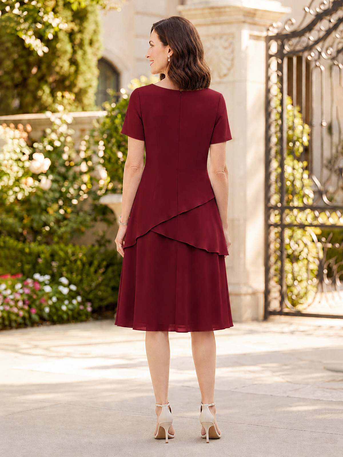 Tiered Chiffon Mother of The Bride Dress with Short Sleeve