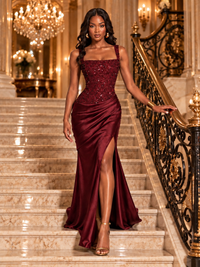 Scoop Neck Sequin Prom Dress with High Slit Satin Formal Gowns