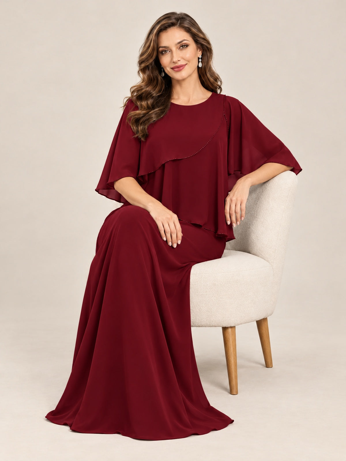 Cape Sleeve Mother of the Bride Dress with Asymmetrical Overlay