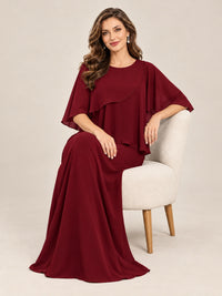 Cape Sleeve Mother of the Bride Dress with Asymmetrical Overlay