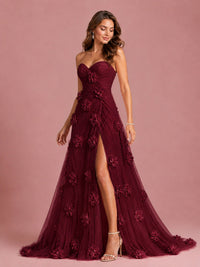 3D Floral Applique Strapless Tulle Prom Dress with High Slit