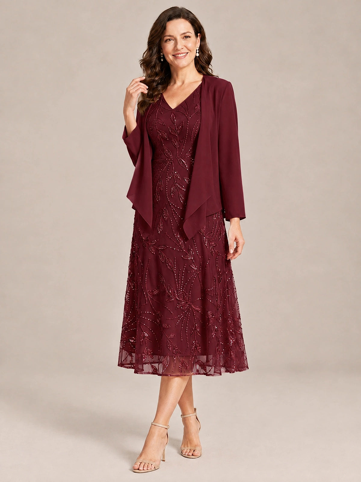 Tea Length Sequin Lace Mother of the Bride Dress with Chiffon Jacket