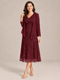 Tea Length Sequin Lace Mother of the Bride Dress with Chiffon Jacket