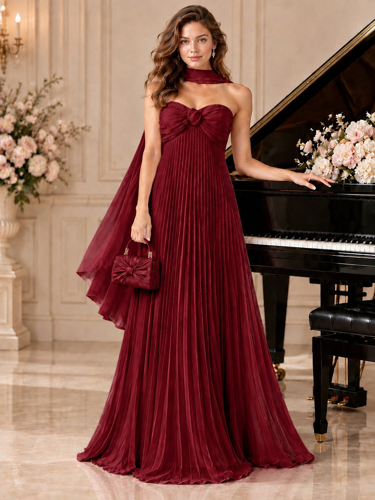 Sweetheart Neckline Pleated Prom Dress Strapless A-line Formal Dress with Flowy Scarf