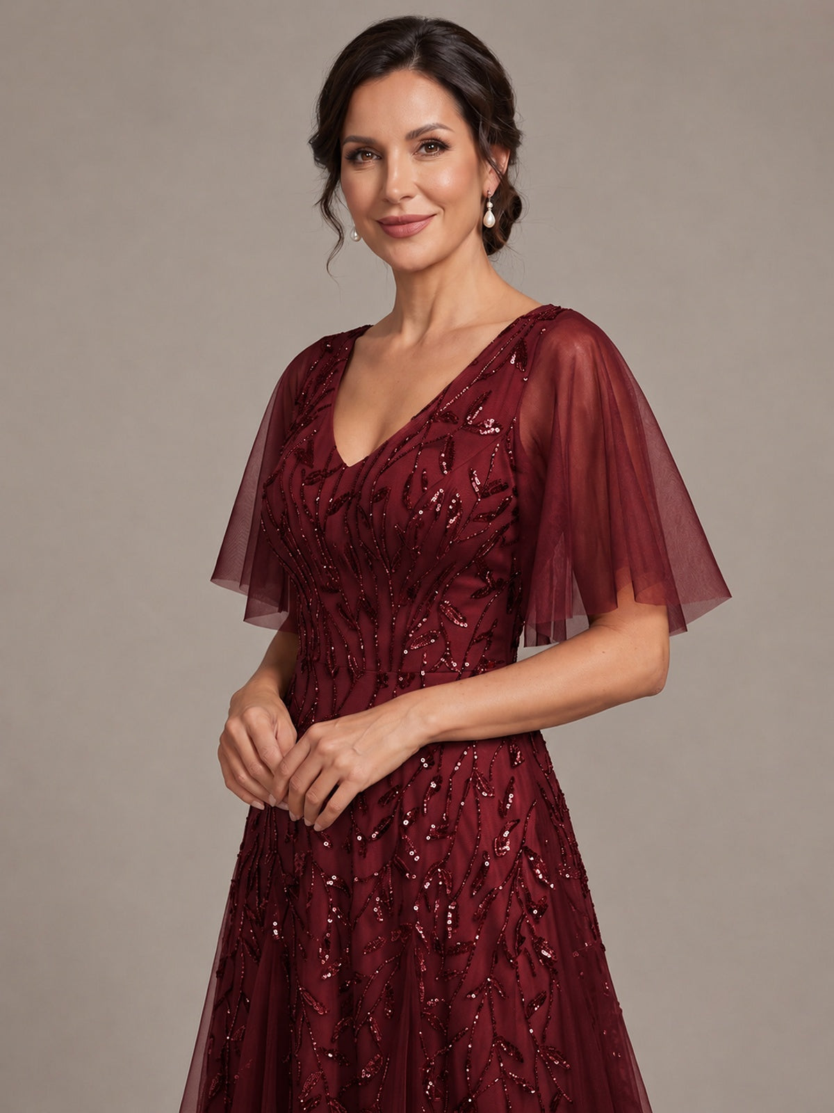V-Neck Sequin Tulle Mother of the Bride Dress with Flutter Sleeve