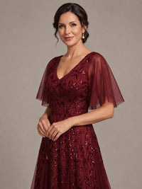 V-Neck Sequin Tulle Mother of the Bride Dress with Flutter Sleeve