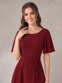 Scoop Neck A-line Chiffon Bridesmaid Dress with Flutter Sleeve & Belt