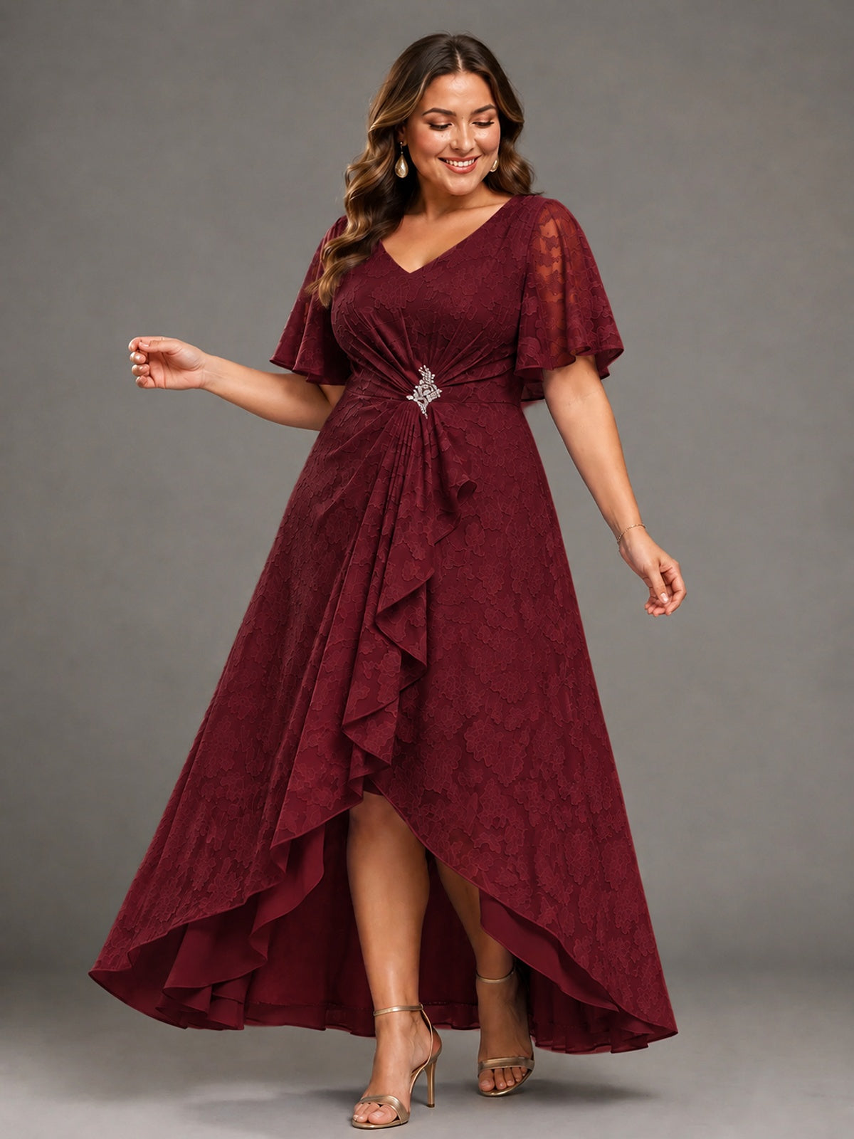 Jacquard Chiffon A-Line V-Neck High-Low Mother of the Bride Dress