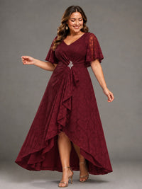 Jacquard Chiffon A-Line V-Neck High-Low Mother of the Bride Dress