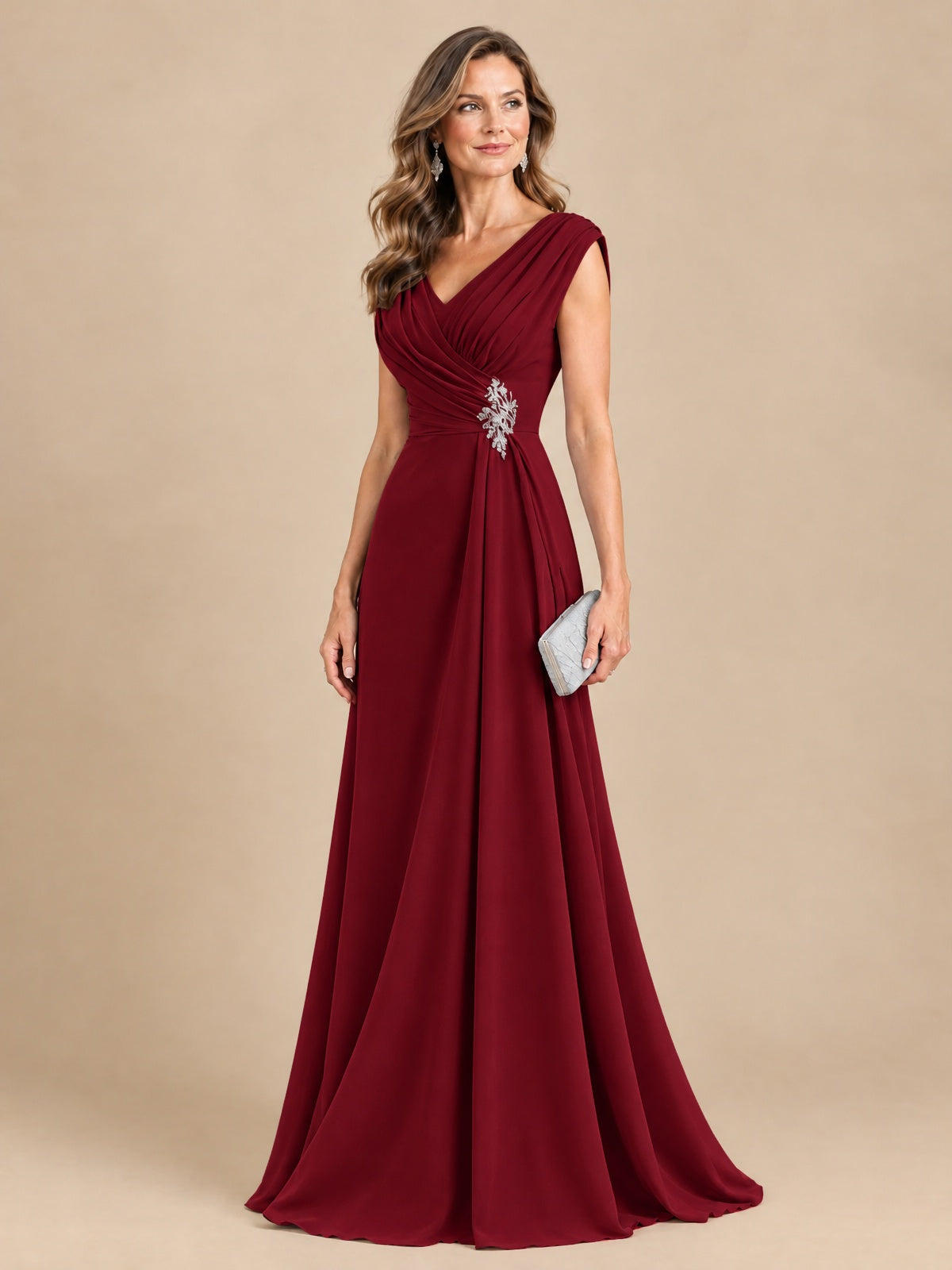 V Neck Pleated Mother of The Bride Dresses with Beading Cap Sleeves