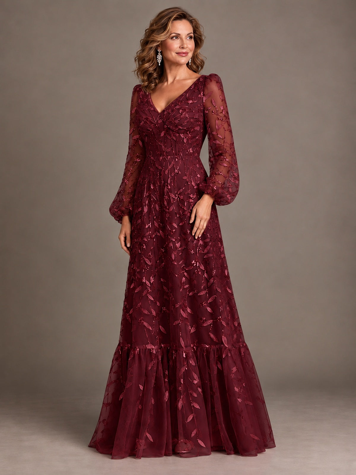 Floral Sequin Embroidered A-Line Mother of the Bride Dress with Long Sleeves