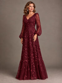 Floral Sequin Embroidered A-Line Mother of the Bride Dress with Long Sleeves