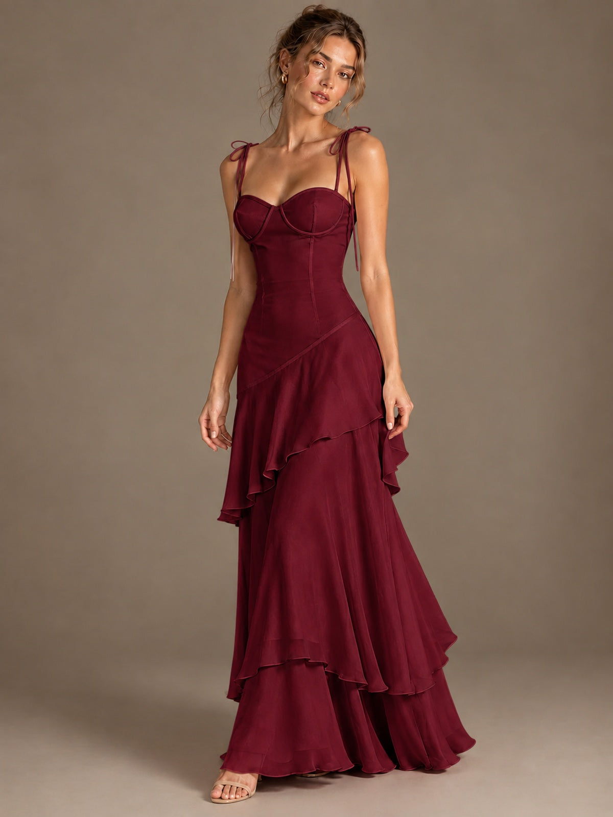 Spaghetti Strap Tiered Ruffles Chiffon Prom Dress