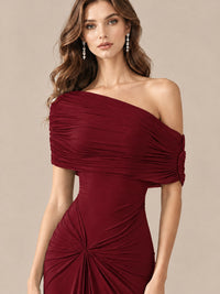 Elegant Draped Off Shoulder Ruched Mermaid Chiffon Formal Evening Gown