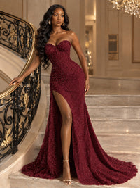 Beaded Sequin Prom Dress Strapless Formal Gowns with High Slit Train