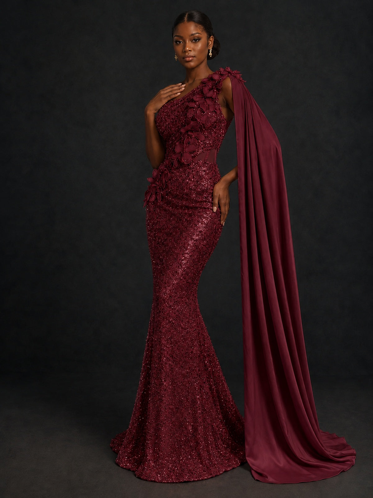 Gold Sequin One Shoulder Mermaid Prom Dress with Cape
