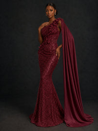 Gold Sequin One Shoulder Mermaid Prom Dress with Cape