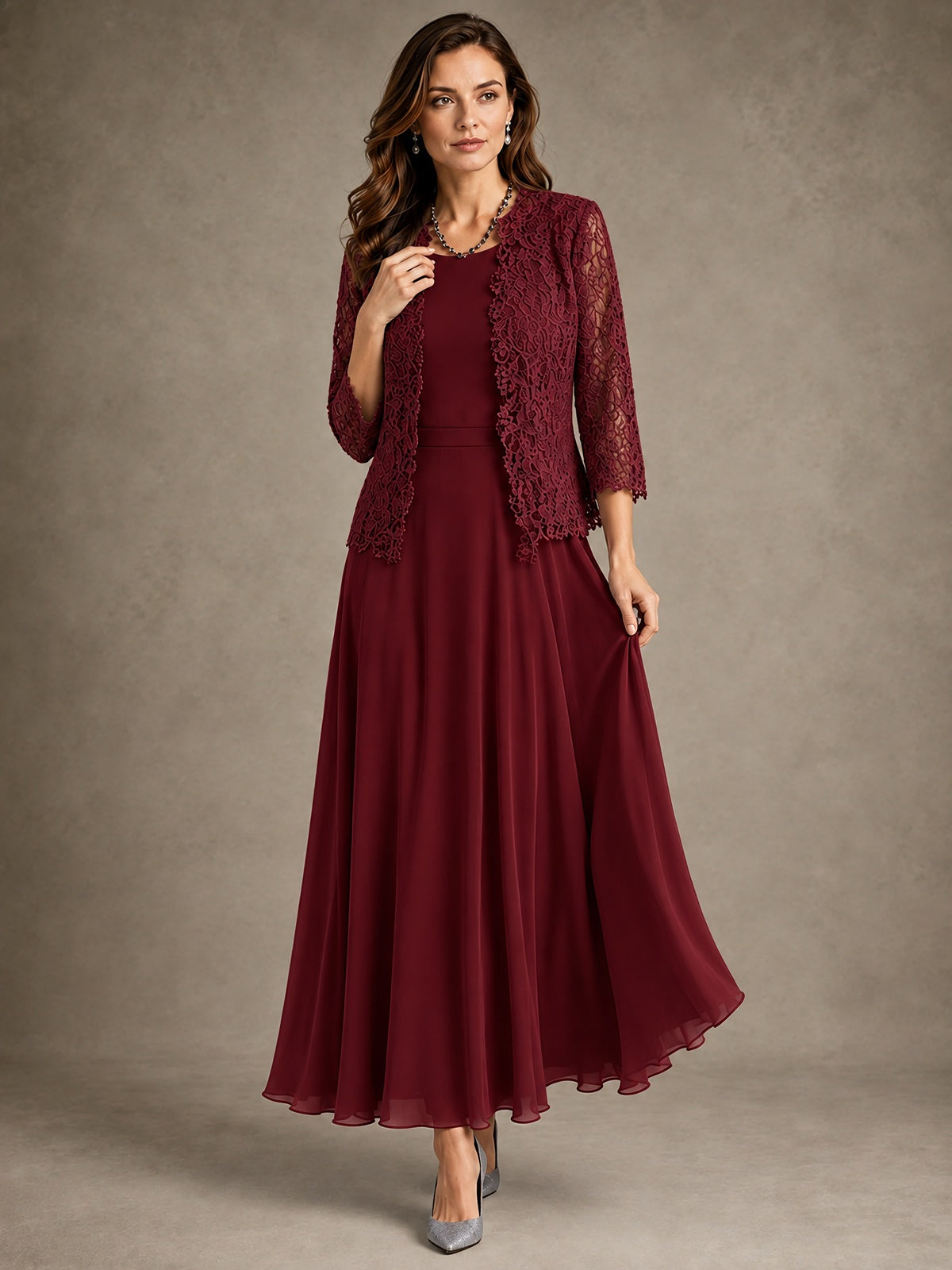 2-Piece Chiffon Mother of the Bride Dress with Lace Jacket